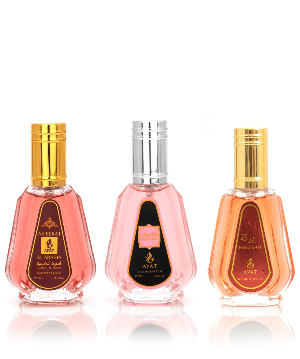 Coffret de 3 parfums de Dubai. Ameerat Al Arabia, Yana Pink et Barakah de chez Ayat Perfumes
