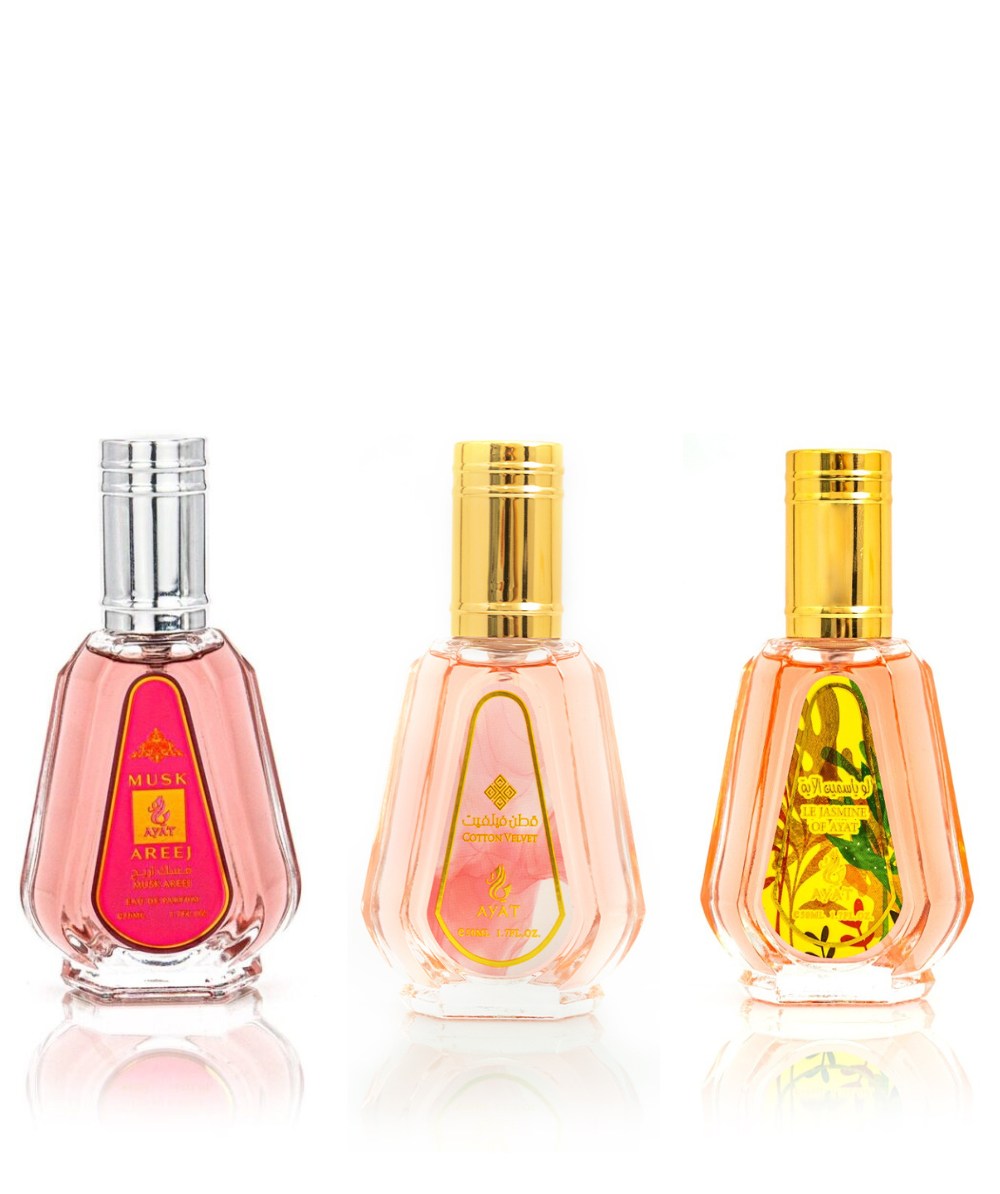 Coffret de 3 parfums de Dubai. Areej, cotton velvet et le jasmine de chez Ayat Perfumes