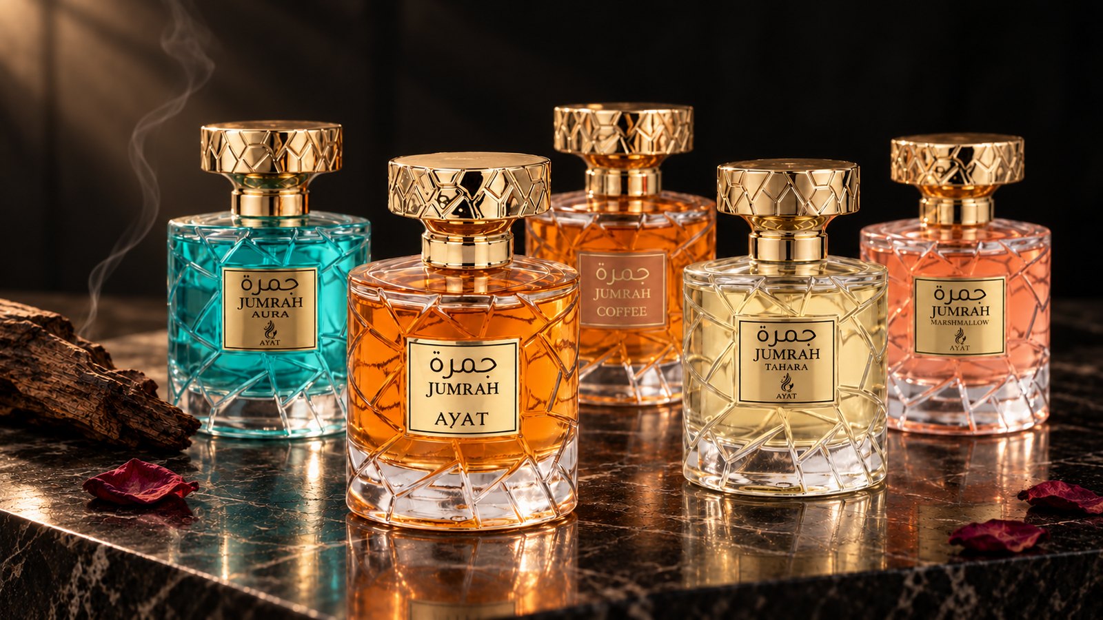Cinq eaux de parfum de la collection Oriental Dreams sur un plateau de marbre noir